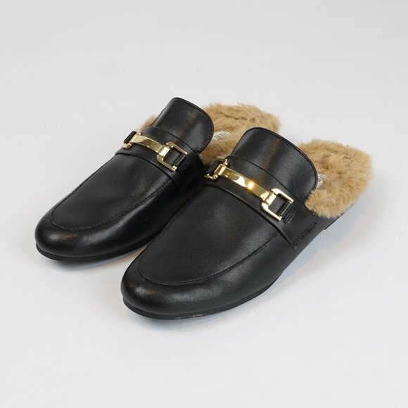 Steve Madden Khloe Faux-Fur lined Leather Mules Black Gold - Women's 9.5 - Picture 1 of 6